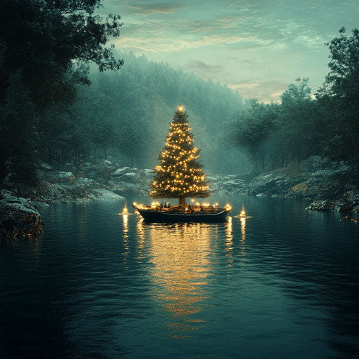 Floating Christmas tree in the middle of a serene lake