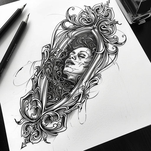Tranquil flat tattoo sketch of a vampire at rest, lying in an ornate coffin