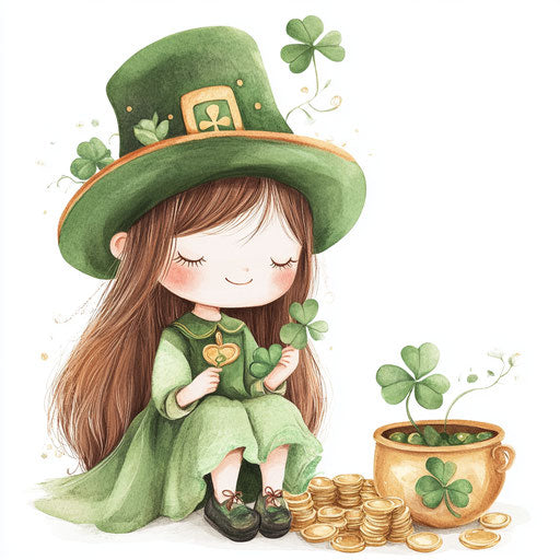 Cute girl in green with Irish hat by gold coins