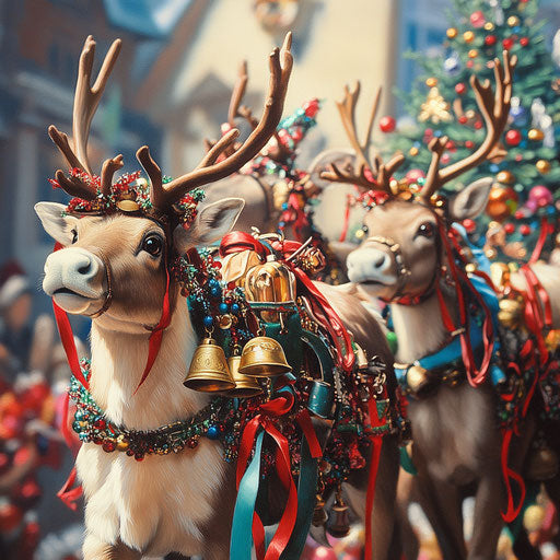 Festive reindeer adorned with colorful bells and ribbons