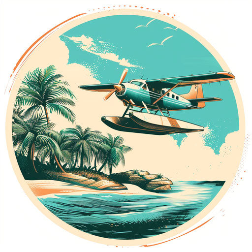 Exotic flat tattoo sketch of a seaplane landing on a tropical island