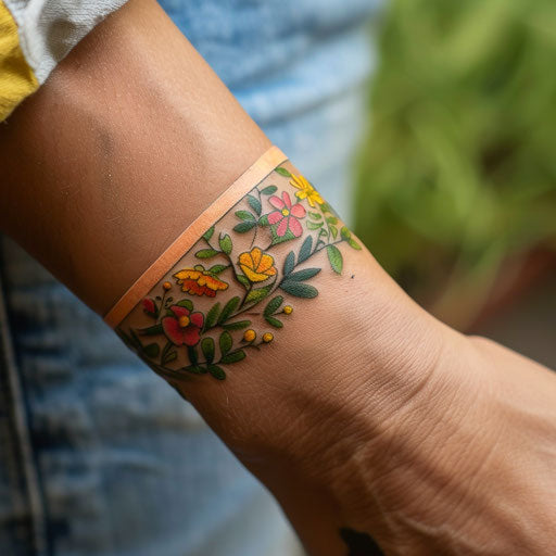 Wildflower wristband tattoo, continuous design, bright colors, playful