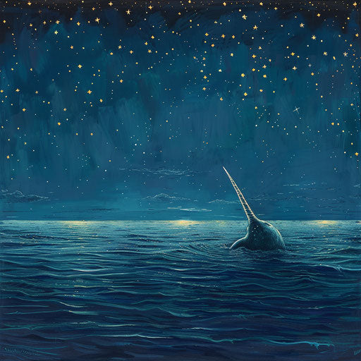 A narwhal tusk piercing the surface of a tranquil sea, under a starry sky