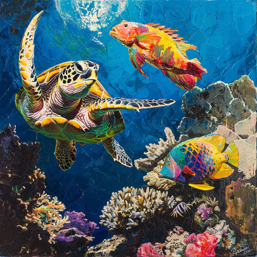 Colorful chase of a turtle and a parrotfish