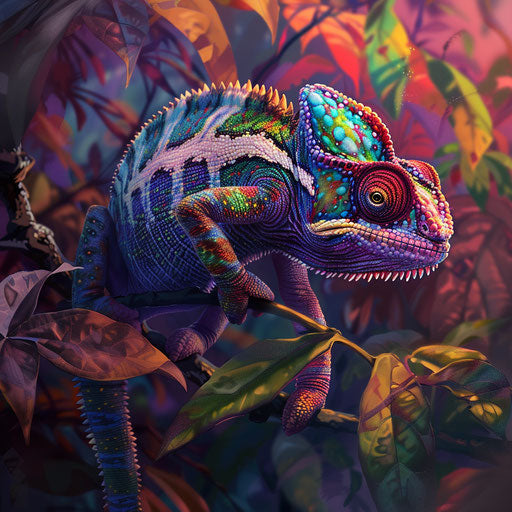 Chameleon blending into a vibrant jungle background