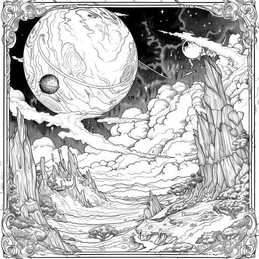 Epic planets with mythical creatures in the style of Mark Schultz coloring book page