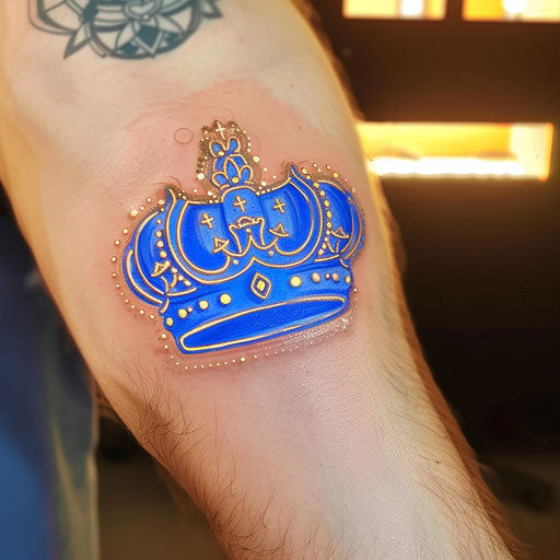 Flat tattoo sketch of a neon crown with royal blue and gold light effects