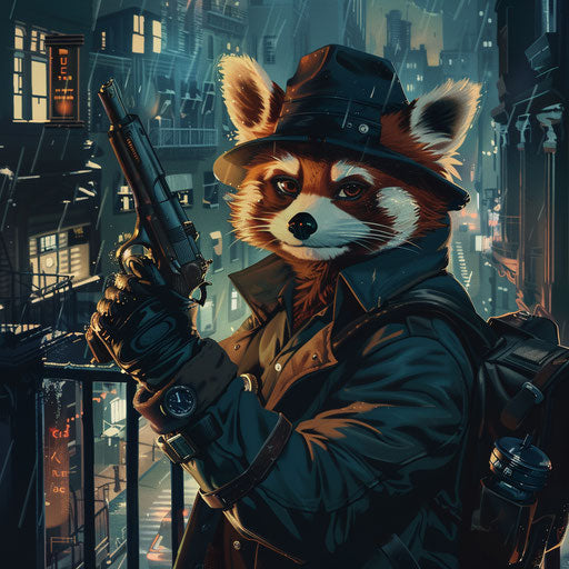 Red panda detective in a noir cityscape