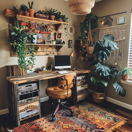 Home office with DIY pallet desk and handmade decor