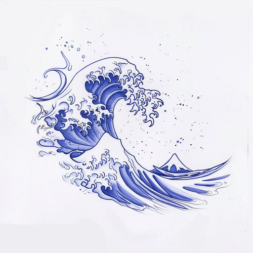 Minimalist tattoo sketch of a simple wave cresting, elegant in blue and white, clipart style