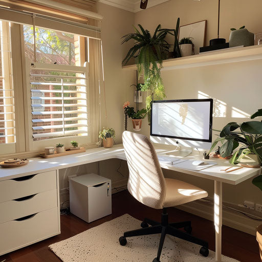 Sunlit cozy home office corner with minimalist white desk