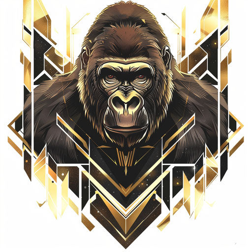 Art Deco gorilla tattoo, metallic geometric shapes