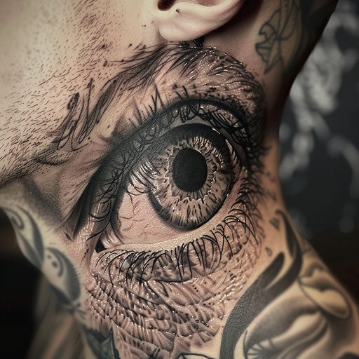 Realism tattoos of a detailed eye on the neck