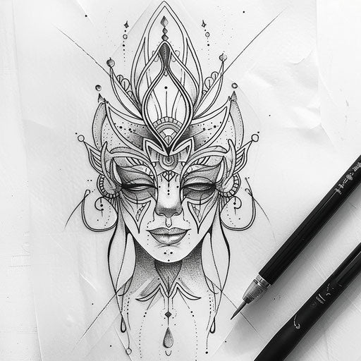 Exotic flat tattoo sketch of soul enhanced with traditional tribal patterns