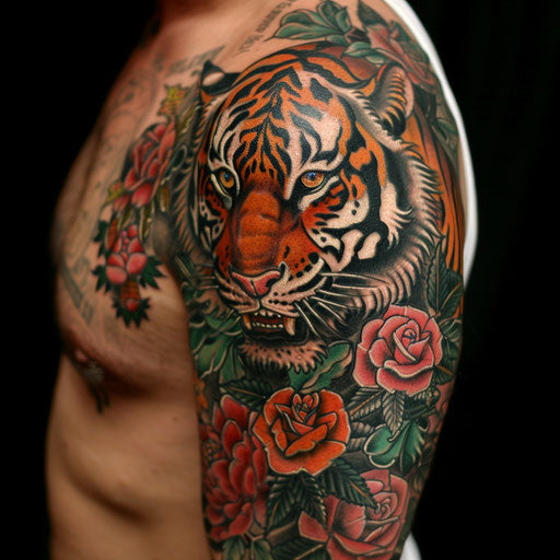 Half sleeve tattoo for men in the style of Ed Hardy with a classic tiger and roses