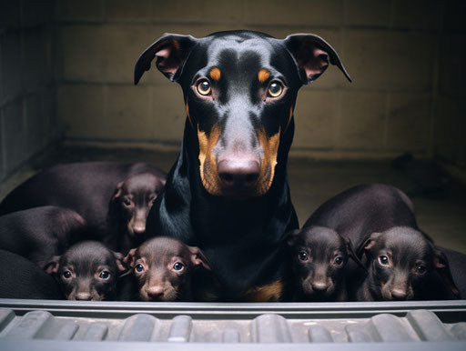Black Doberman with 4 puppies, maroon and blue style