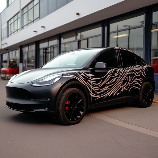 Custom decals following the contours of the Tesla Model Y