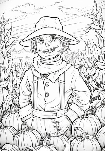 Scarecrow coloring page, light orange and magenta, black and white, light sky-blue and black, dark yellow and dark green, rectangular fields, patriotic, dark bronze and white