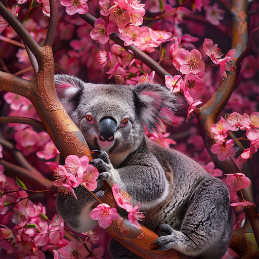 Koala among vibrant tree blossoms