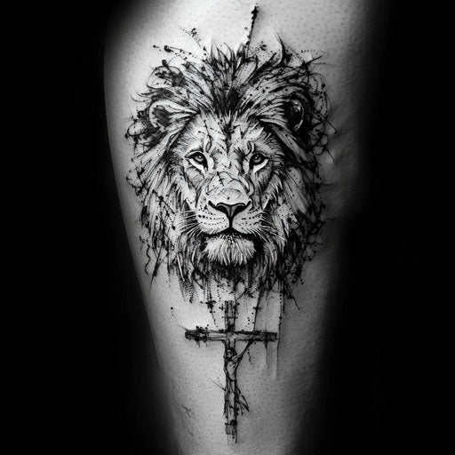Christian tattoos for men with a lion's face in the style of Guy Aitchison