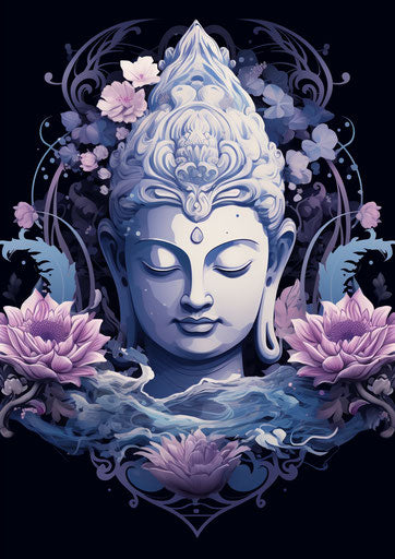 Buddha with lotus flower and swirls