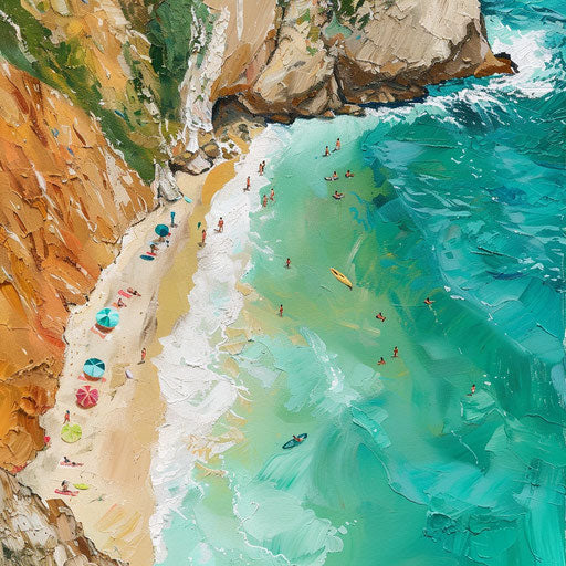 Aerial view of a vibrant beach cove, in the style of Gray Malin