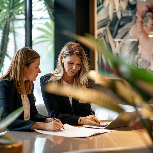 Professional reviewing contract with client, elegant office decor and focused interaction