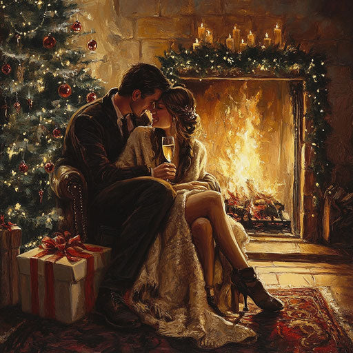 Intimate fireside moment: couple sharing cozy blanket, sipping champagne by Christmas tree.