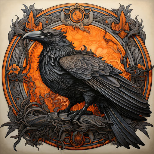 Flying crow portrait, vibrant neo-traditional style, light gray and orange