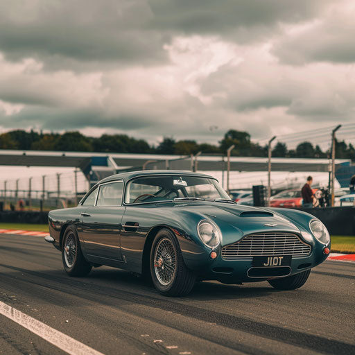 Classic Aston Martin DB6 with fat tires and supercharged engine, parked at a historic British racing circuit.