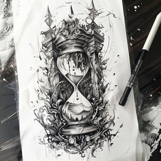 Sketch of a mystical hourglass tattoo with sands of time, intricate and detailed