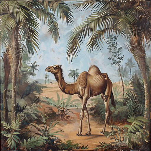 Camel in lush oasis, stark contrast to barren desert