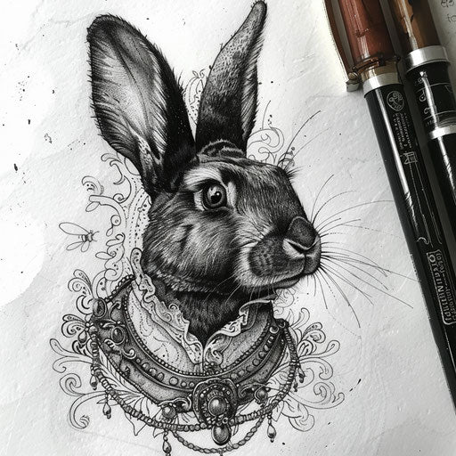 Flat tattoo sketch of a black rabbit with ornate Victorian collar