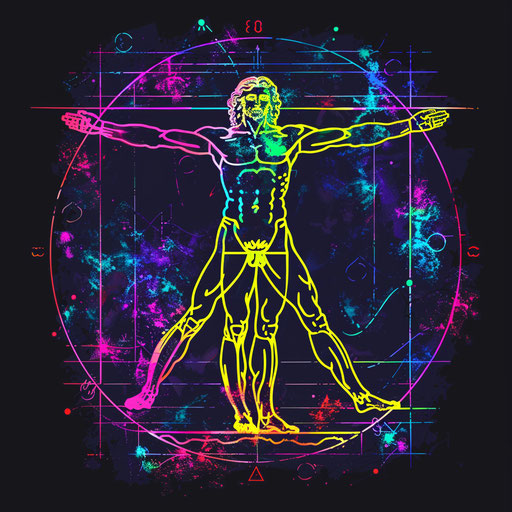 Colorful tattoo sketch of the Vitruvian Man with a neon outline