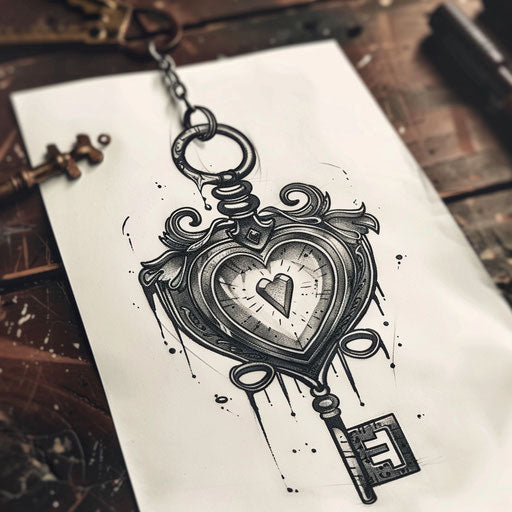 Heart-shaped locket tattoo design with a key on white paper
