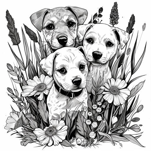 Minimalist puppies in a dreamy setting in the style of Ruben Ireland Coloring book page
