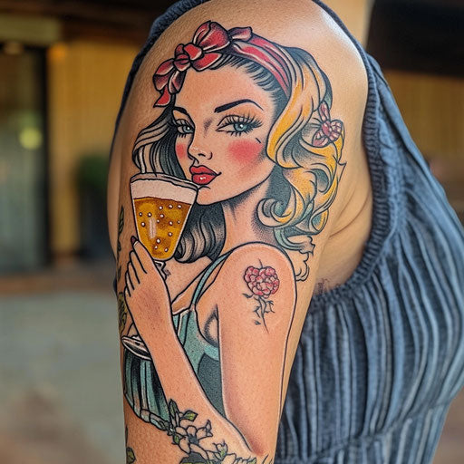Ink and Spirits: Pin-Up with Cocktail Tattoo on Upper Arm
