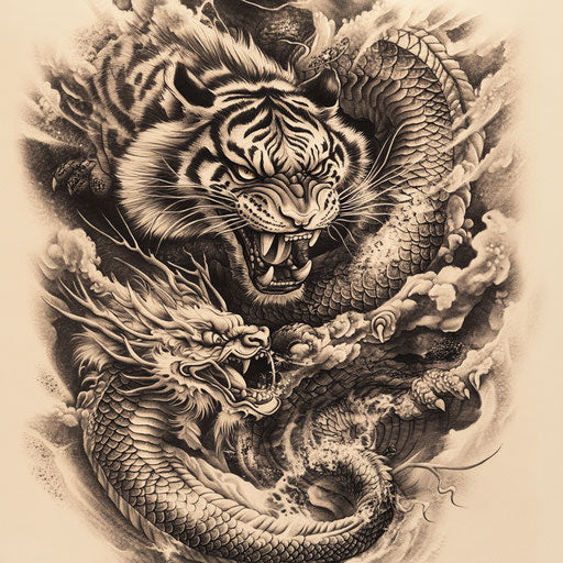 Japanese tiger tattoo with dragon in combat
