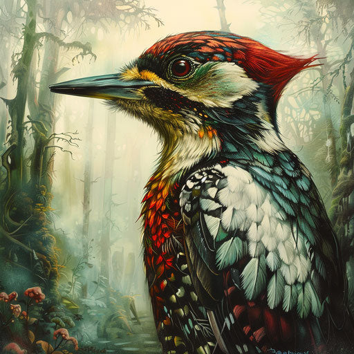 Woodpecker feather in a dense forest