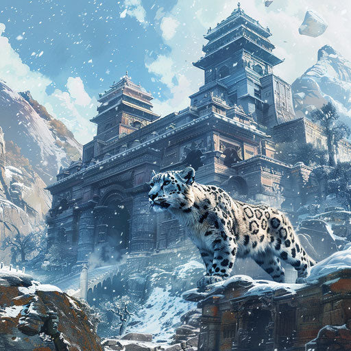 Snow leopard guarding over ancient snow-covered temple