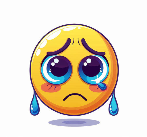 Sad emoji on white background, simple design, cute style