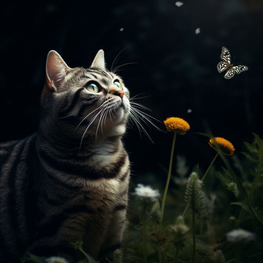 An American Shorthair cat staring at an insect