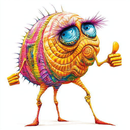 Humorous caricature of a seashell caricature clipart with human characteristics, exaggerated long eyelashes, long legs, miniature, vibrant colors, cartoon style, thumbs down, high resolution, no background, isolated