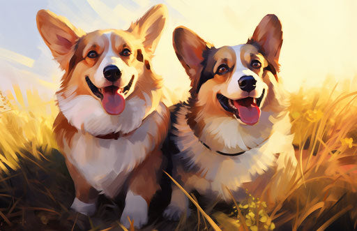 Two corgi dogs sitting in grass, maroon and amber