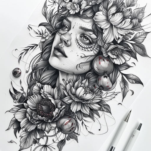 Elaborate black and grey tattoo of the spring goddess