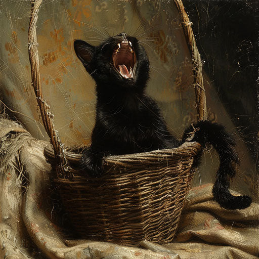 Black cat in wicker basket mouth wide open on bed