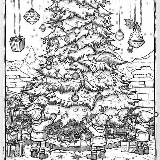 Elves decorating a giant Christmas tree with ornaments and lights