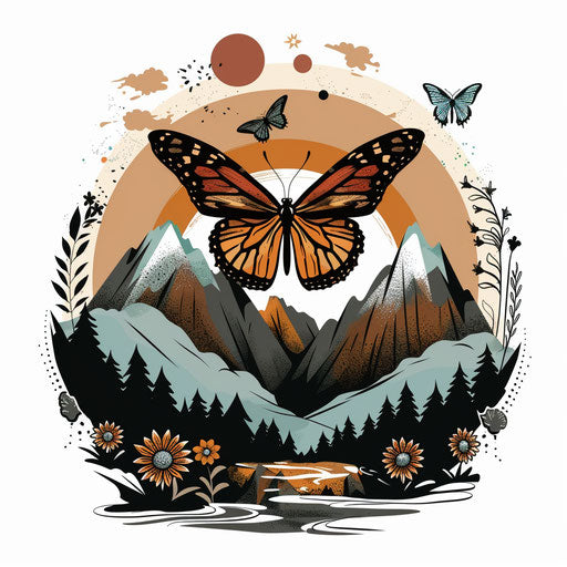 Butterfly crossing mountain landscape, clipart style