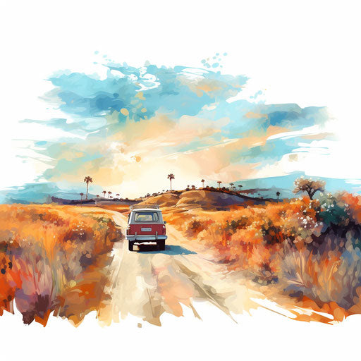 Road trip clip art in Impressionistic style on white background