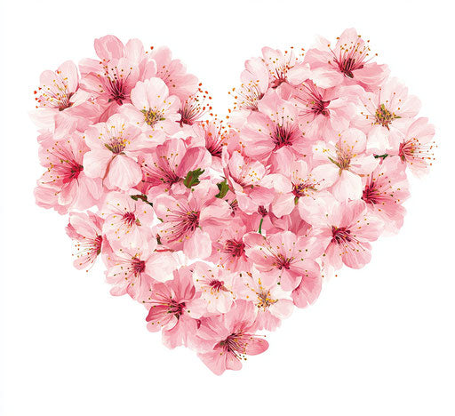 Heart-shaped arrangement of pink cherry blossoms